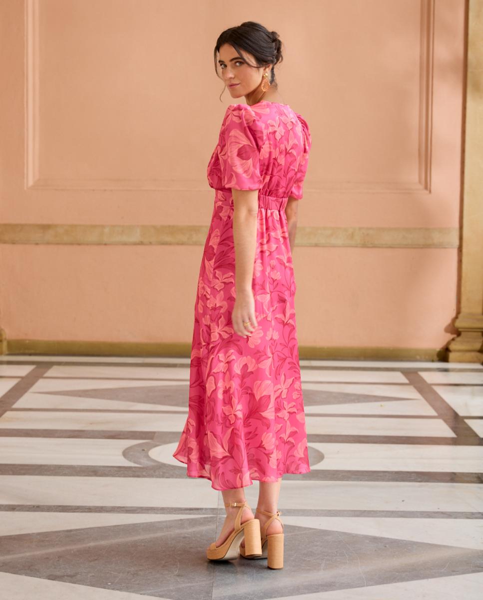 Vestido Midi Estampado com Drapeado Fúcsia-2