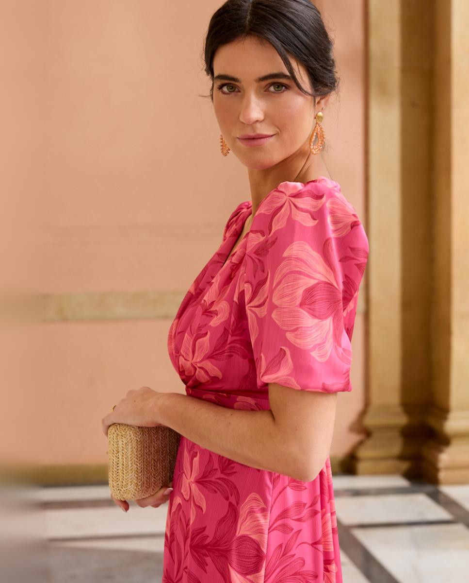 Vestido Midi Estampado com Drapeado Fúcsia-3