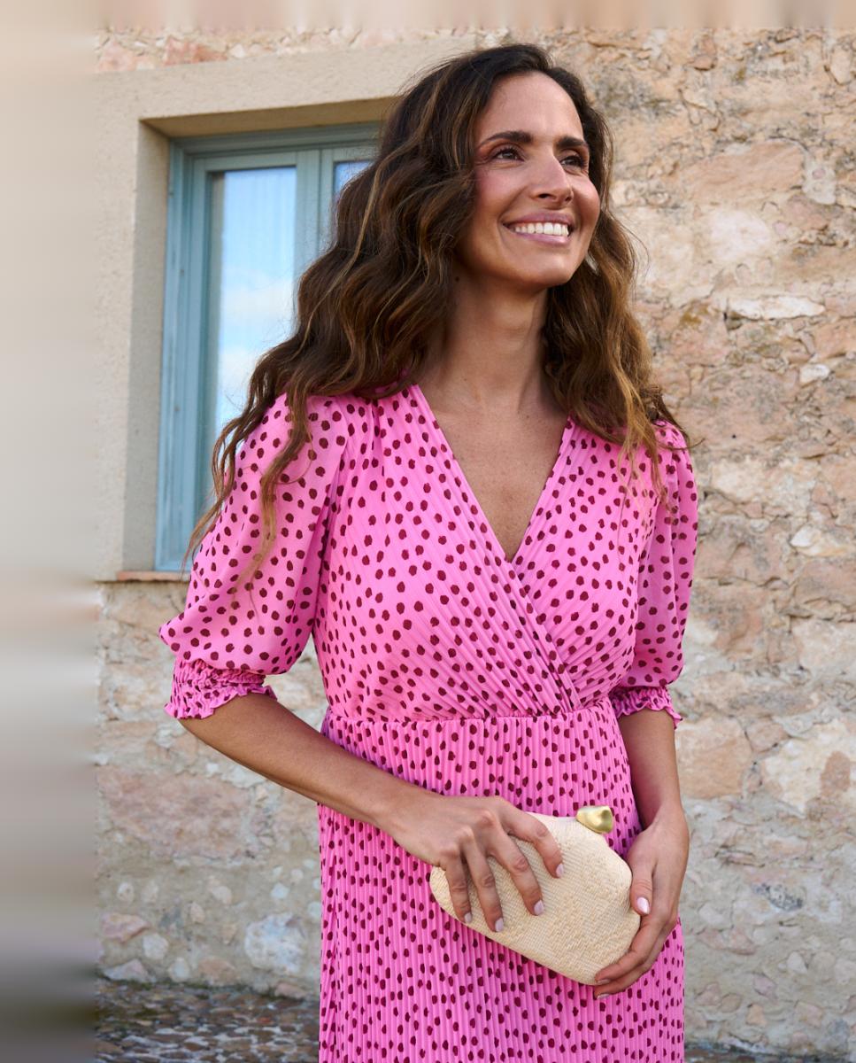 Vestido Comprido Estampado com Decote Cruzado Rosa-claro-5