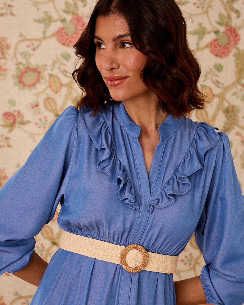 Vestido de Ganga Liso com Manga Comprida Azul-4