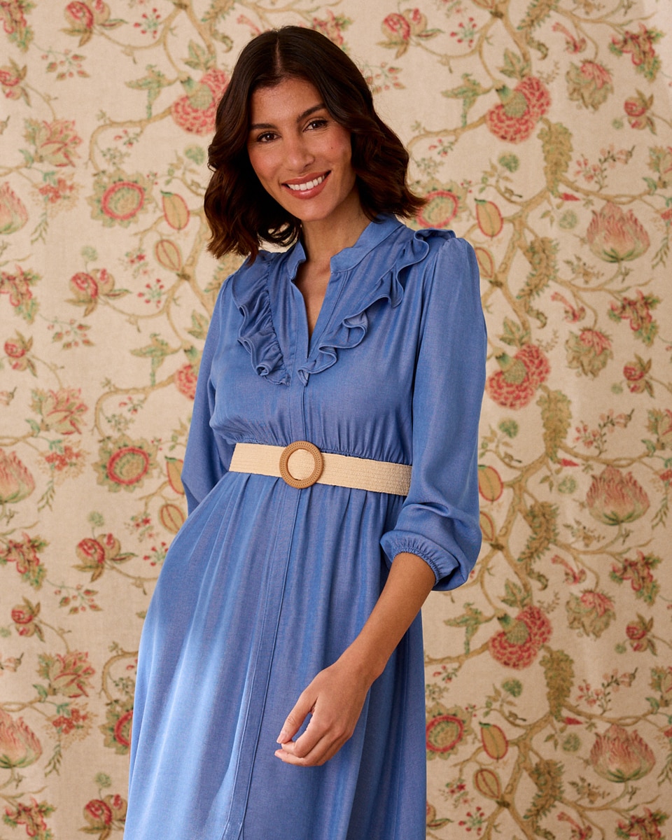 Vestido de Ganga Liso com Manga Comprida Azul-6