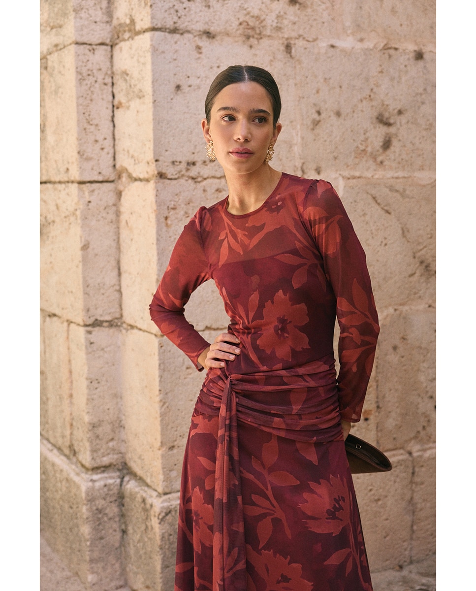 Vestido de Convidada com Estampado Floral Telha-4
