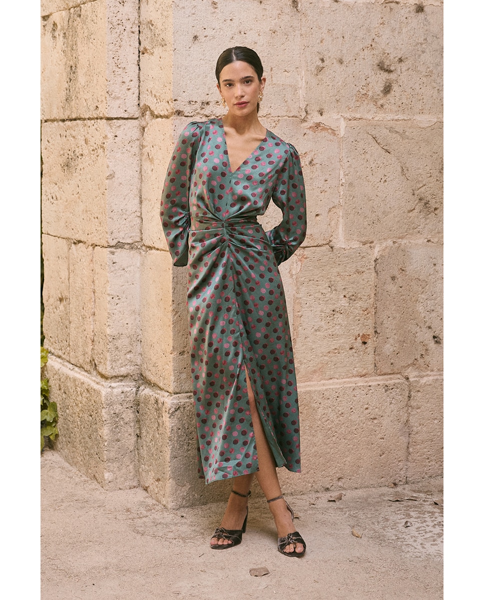 Imagen 0 de Vestido invitada estampado lunares Verde oscuro