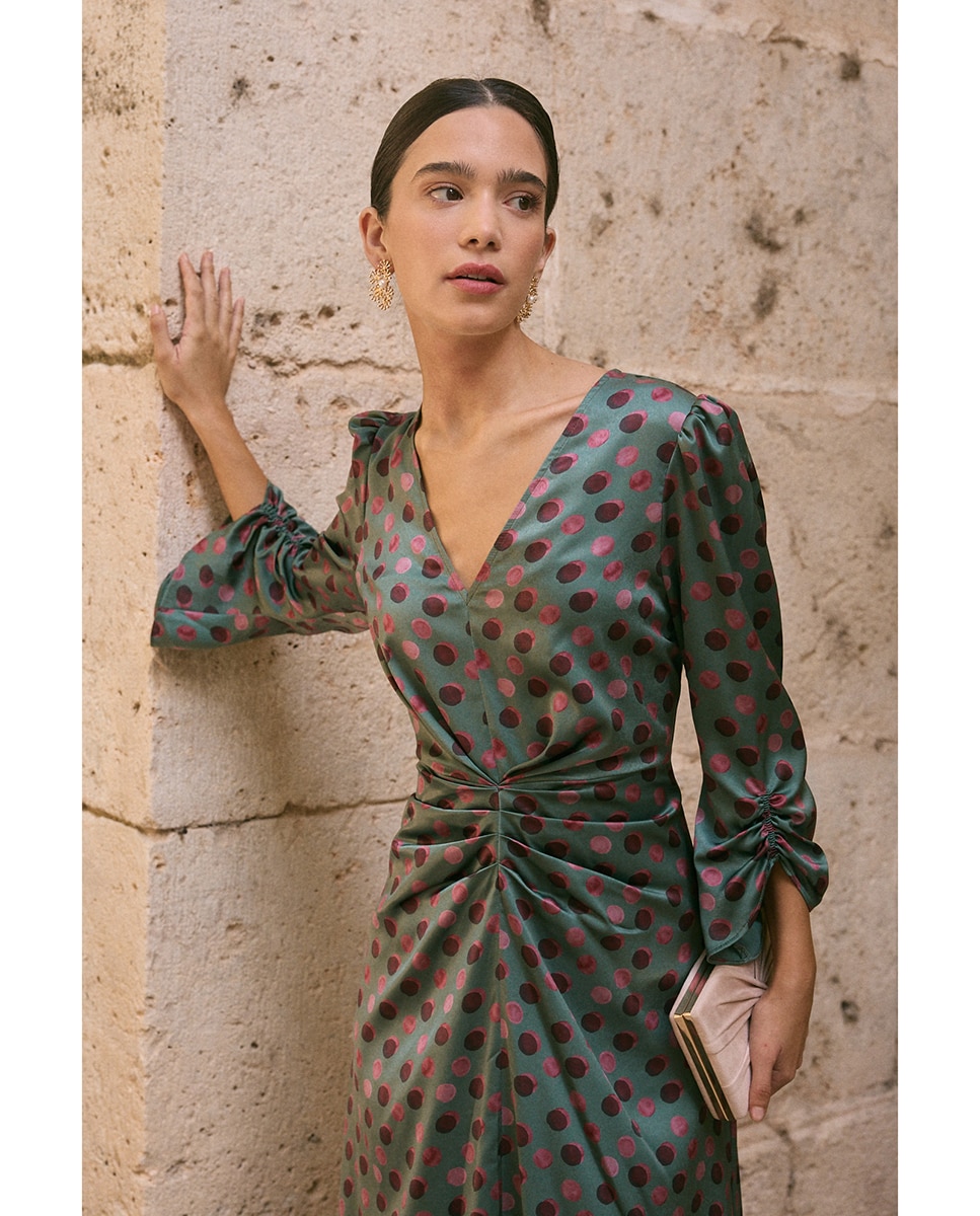 Vestido invitada estampado lunares - Polin et Moi - Verde oscuro Verde oscuro-5