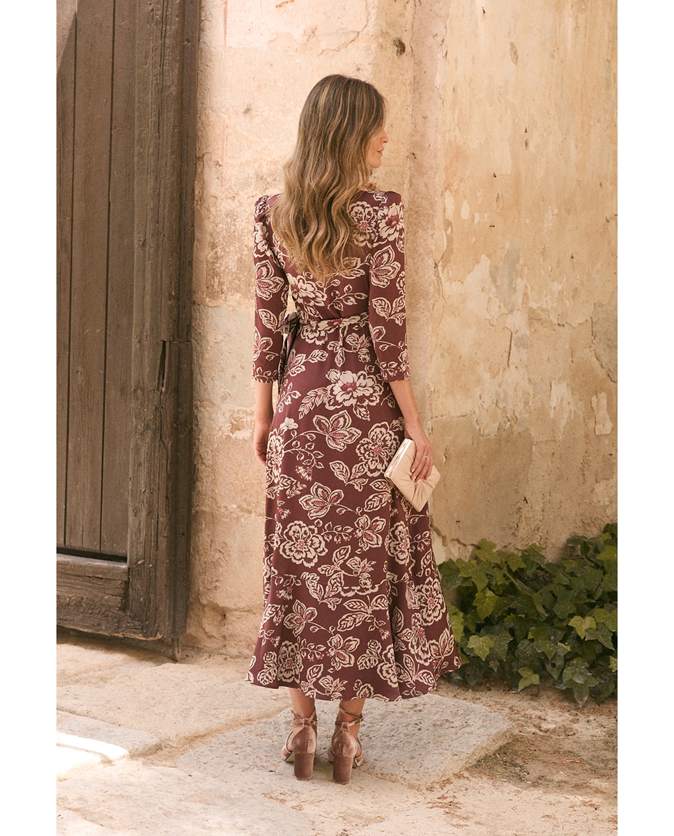 Vestido invitada con estampado floral - Polin et Moi - Marrón Marrón-2