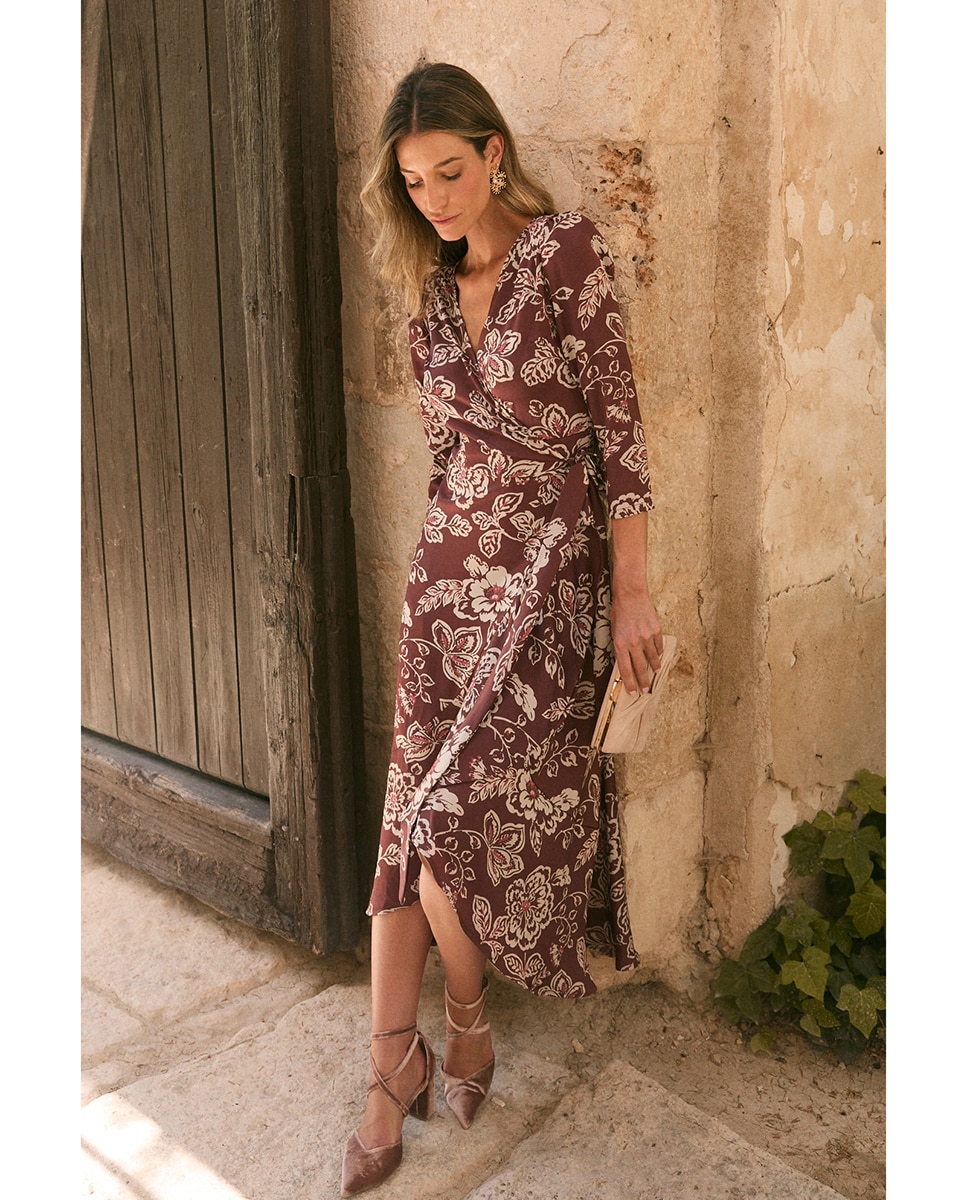 Vestido invitada con estampado floral - Polin et Moi - Marrón Marrón-3