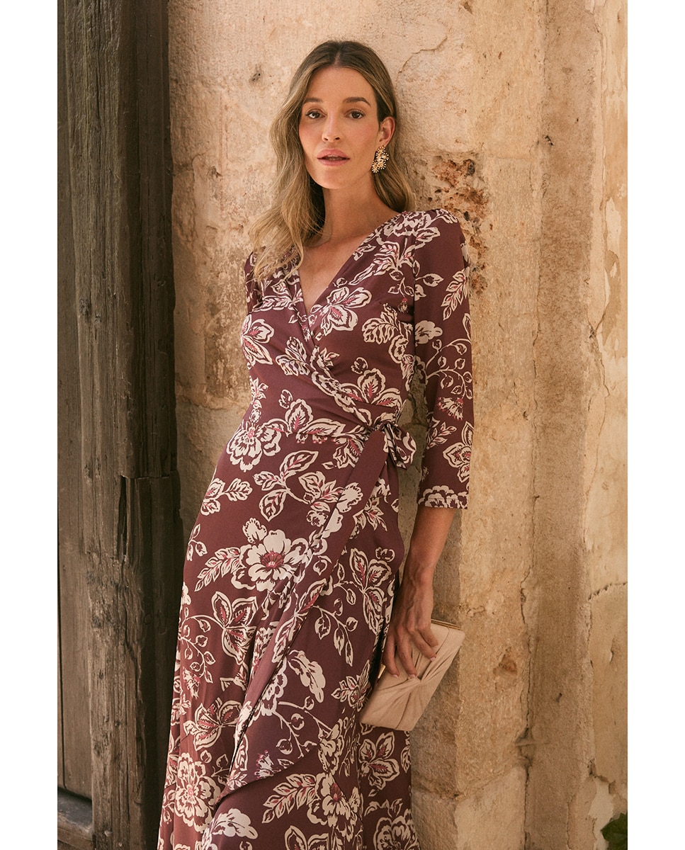 Vestido invitada con estampado floral - Polin et Moi - Marrón Marrón-4