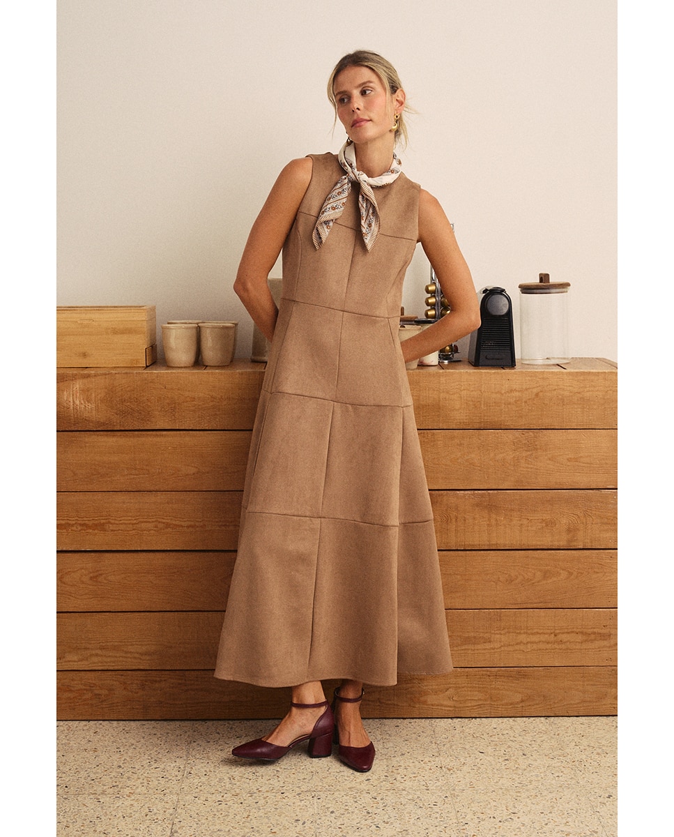 Imagen 1 de Vestido Midi efecto antelina Marrón