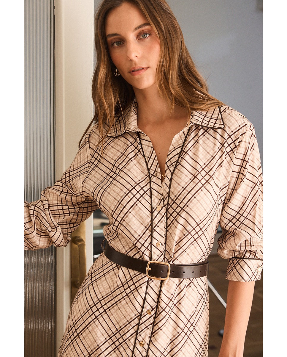 Vestido midi camisero estampado geométrico - Polin et Moi - Marrón Marrón-4