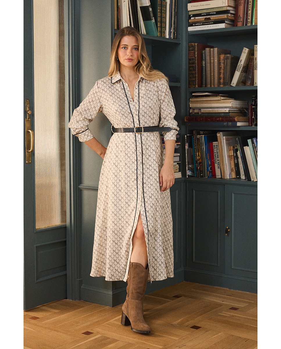 Imagen 1 de Vestido midi camisero estampado geométrico Crudo