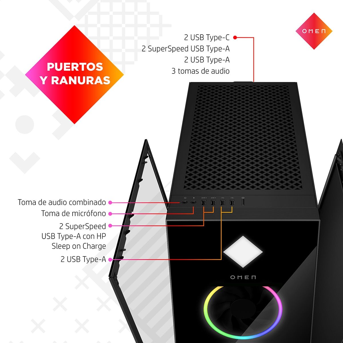 Sobremesa Gaming HP OMEN GT22-3009ns, Intel Core Ultra 9-285K, 64GB, 2TB SSD, Nvidia GeForce RTX 5080 16GB, W11 Negro-4