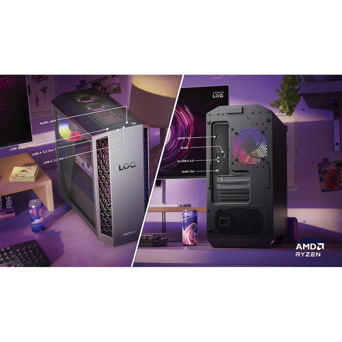 Sobremesa Gaming Lenovo LOQ Tower 26ADR10, Ryzen 7-8745HX, 16GB, 512GB SSD, Nvidia GeForce RTX 5060 Ti 8GB, W11 Gris-10
