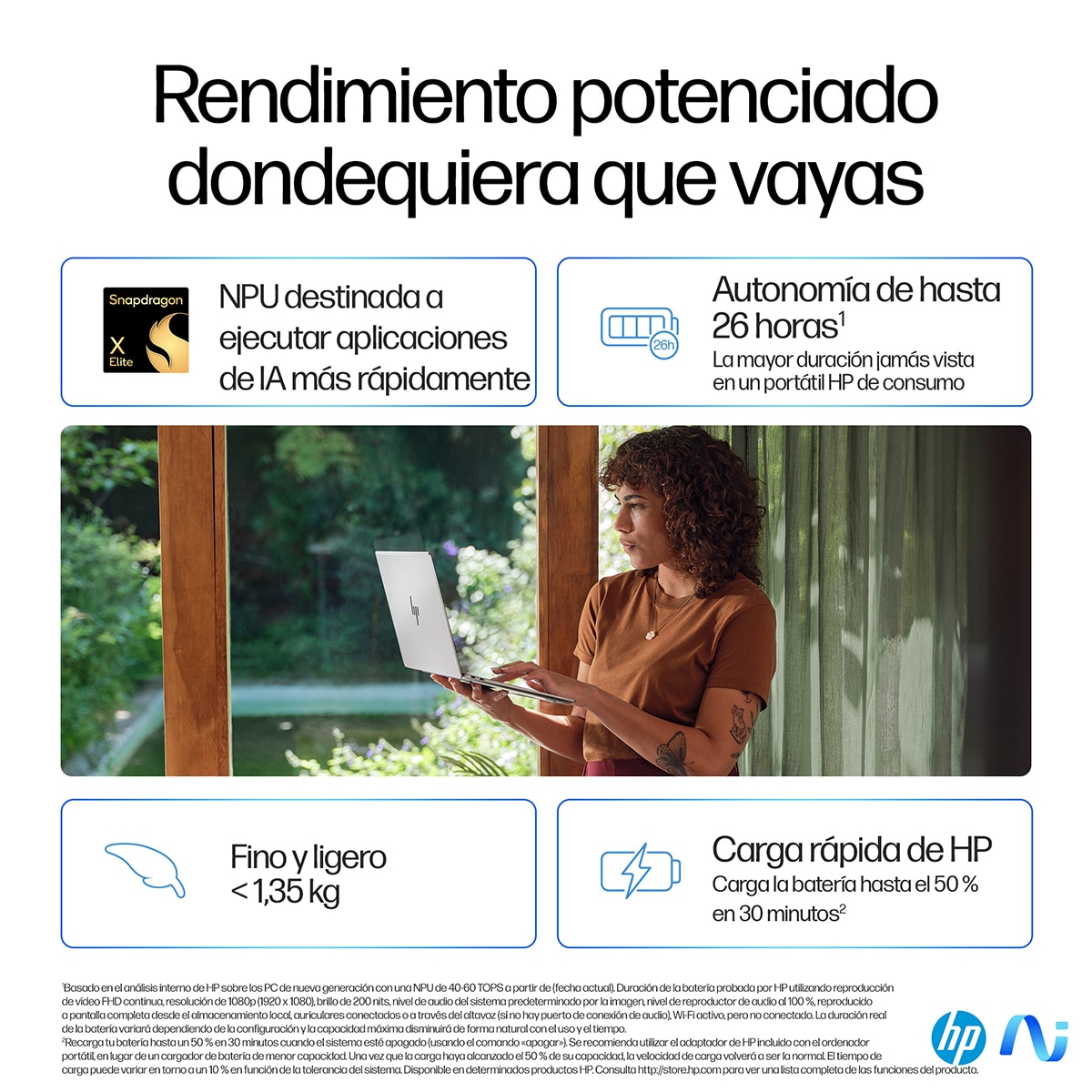 Portátil HP OmniBook X 14-fe0011ns Copilot+PC, QC Snapdragon X Elite X1E-78-100, 32GB, 1TB SSD, 14", W11 Plata-9
