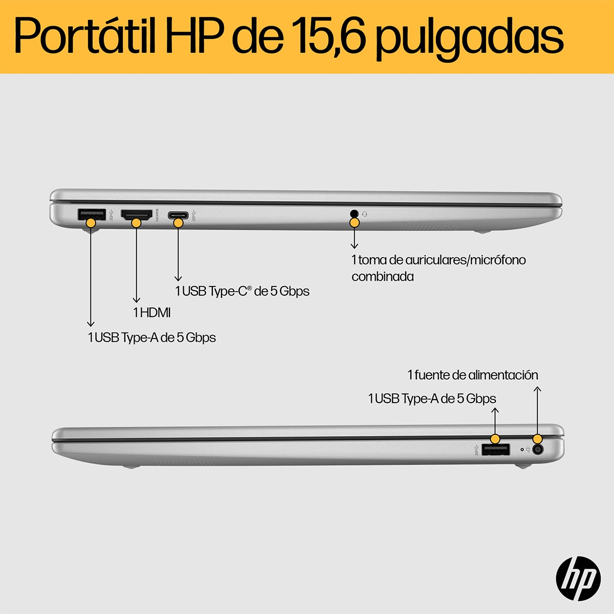 Portátil HP 15-fc0159ns, Ryzen 5-7520U, 16GB, 512GB SSD, 15,6", Sin SO Plata-5