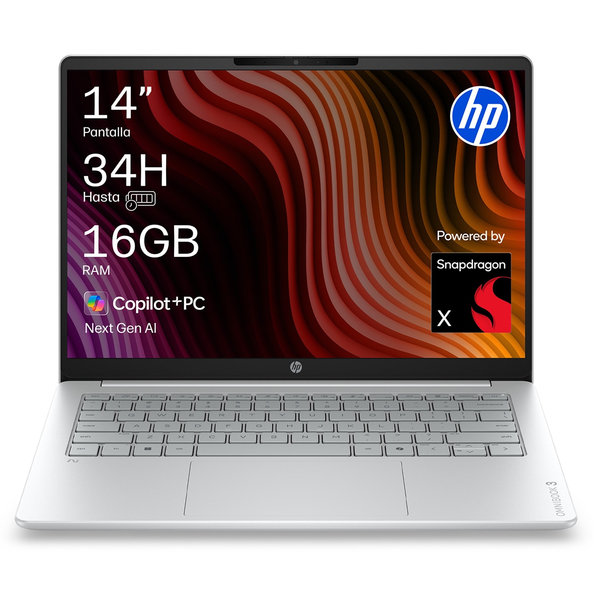 Imagen 0 de Portátil HP OmniBook 3 14-hz0006nsx Copilot+PC, QC Snapdragon X1-26-100, 16GB, 512GB SSD, Qualcomm Adreno, 14", W11, Sin cargador