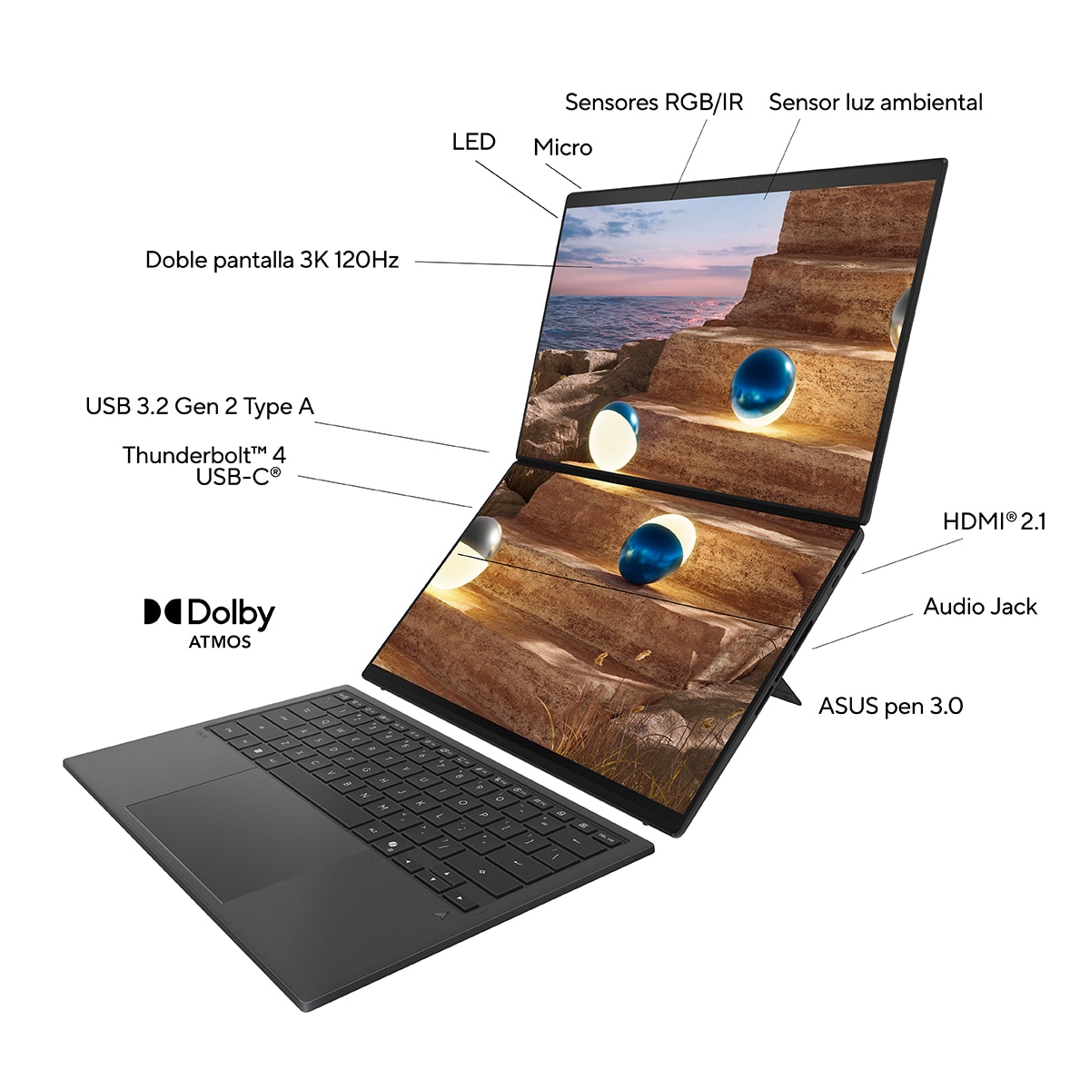 Portátil ASUS Zenbook Duo OLED UX8407AA-SN066W, Copilot+ PC, Intel Core Ultra 9 386H, 32GB, 1TB SSD, 14", W11 - Gris Gris-6