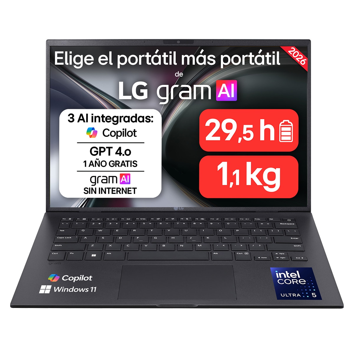 LG - Portátil LG gram 14ZB90S-G.AA55BN, Intel Core Ultra 5-115U, 16 GB, 512 GB SSD, 14", W11.