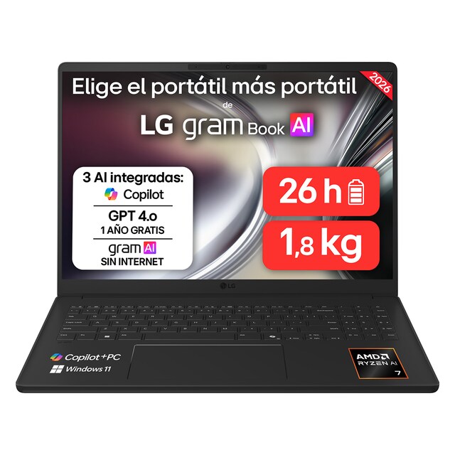 Portátil LG gram Book 16U55U-G.AU85BN, Copilot+ PC, Ryzen AI 7-445, 32 GB, 512 GB SSD, 16