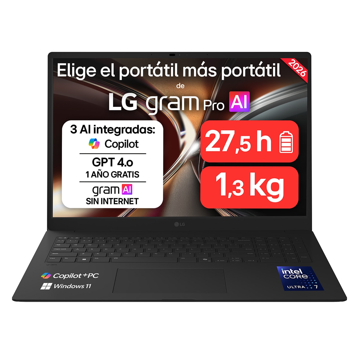 LG - Portátil LG gram Pro 17Z90U-G.AU88BN, Copilot+ PC, Intel Core Ultra 7-355, 32 GB, 1 TB SSD, 17", W11.