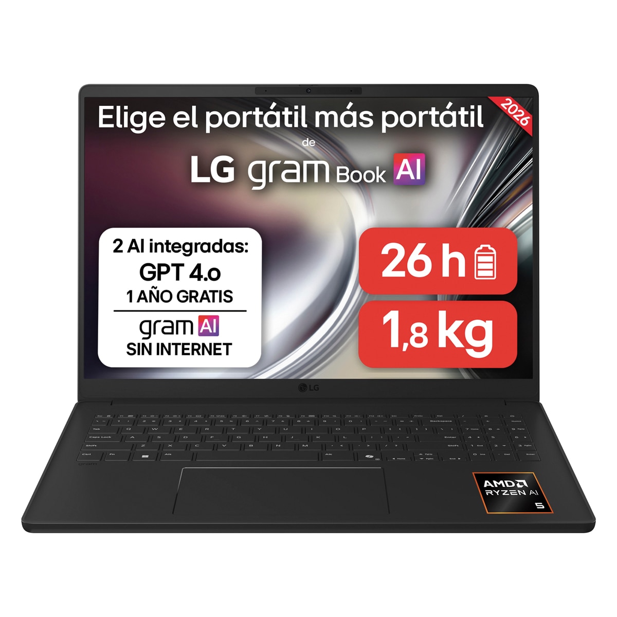 LG - Portátil LG gram Book 16UD55U-G.AX85BN, Ryzen AI 7-445, 32 GB, 512 GB SSD, 16", Sin Sistema Operativo.