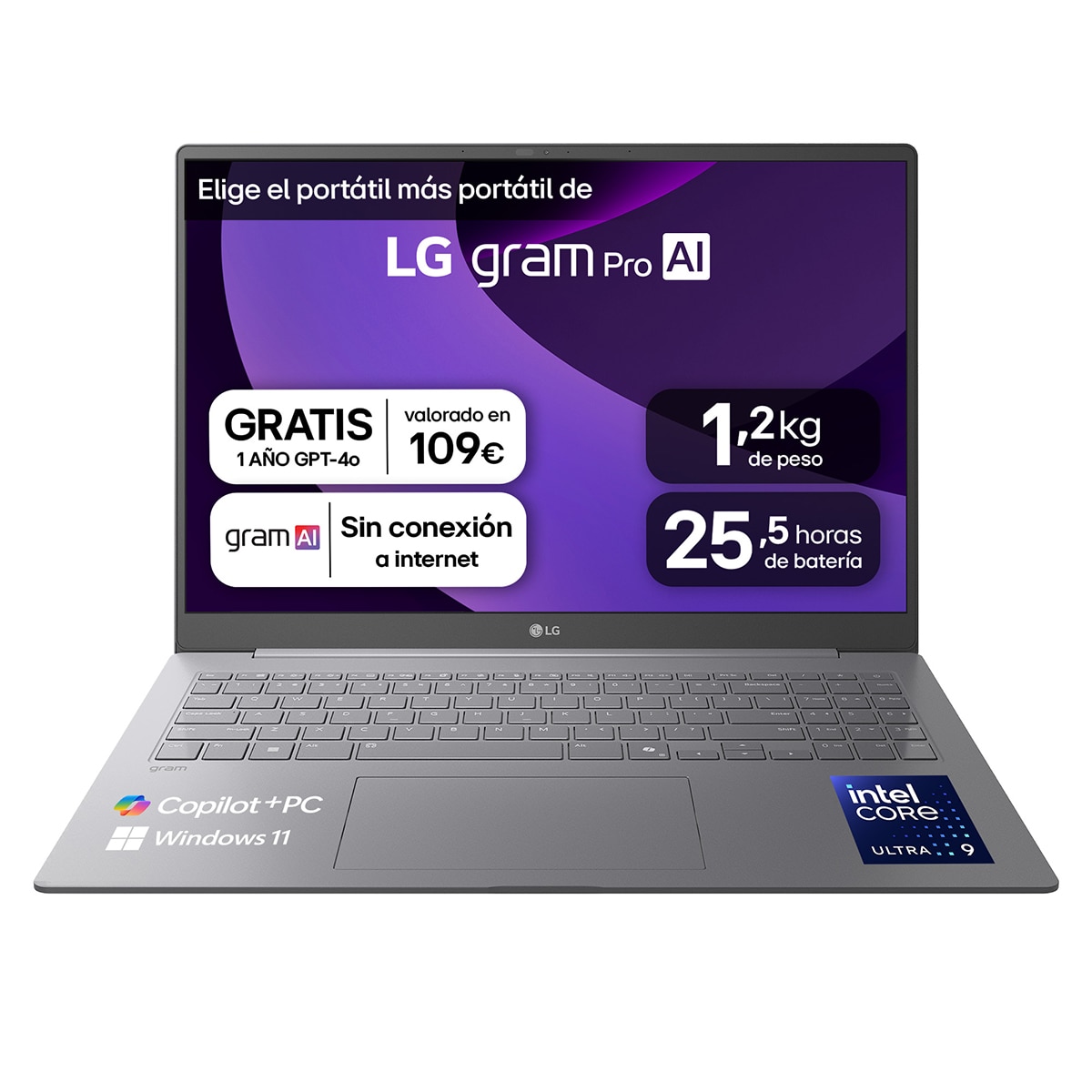 LG - Portátil LG gram Pro 16Z90TS-G.AU99BN, Copilot+ PC, Intel Core Ultra 9 -288V, 32 GB, 1 TB SSD, 16", W11.