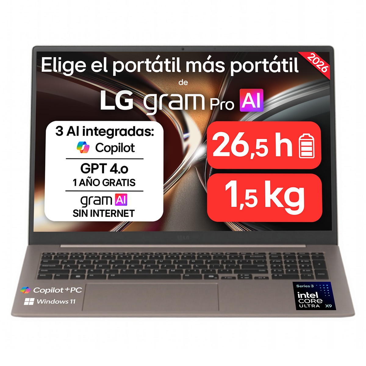 LG - Portátil LG gram Pro 17Z90UB-H.AU96BN, Intel Core Ultra X9-388H, 32 GB, 512 GB SSD, 17", W11.