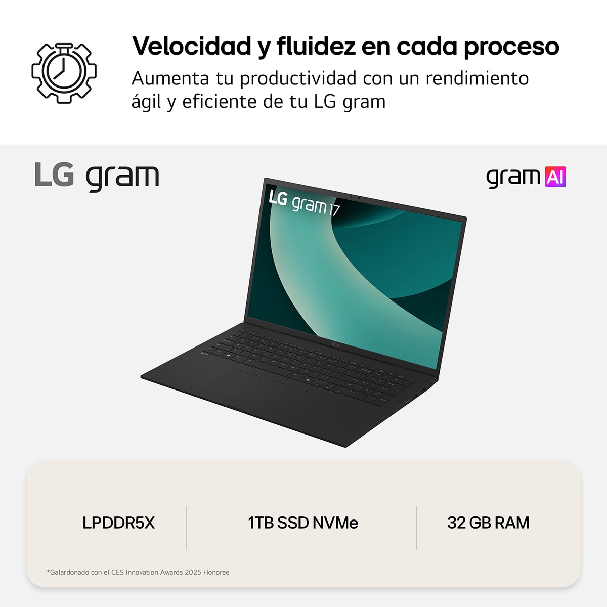Portátil LG Gram 17Z90TL-G.AU88BN, Intel Core Ultra 7 - 258V, 32 GB, 1 TB SSD, 17", W11 Negro carbón-9