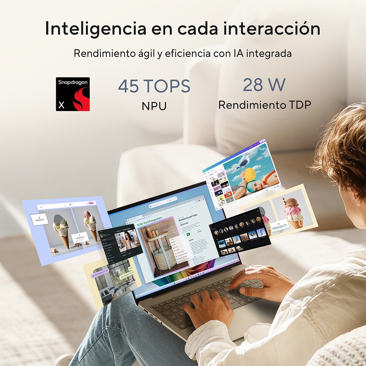Portátil ASUS Zenbook 14 OLED Copilot+ PC UX3480QA-U1090W, Snapdragon X1-26-100, 16GB, 256GB SSD, 14", W11 - Azul Artico Azul Artico-10
