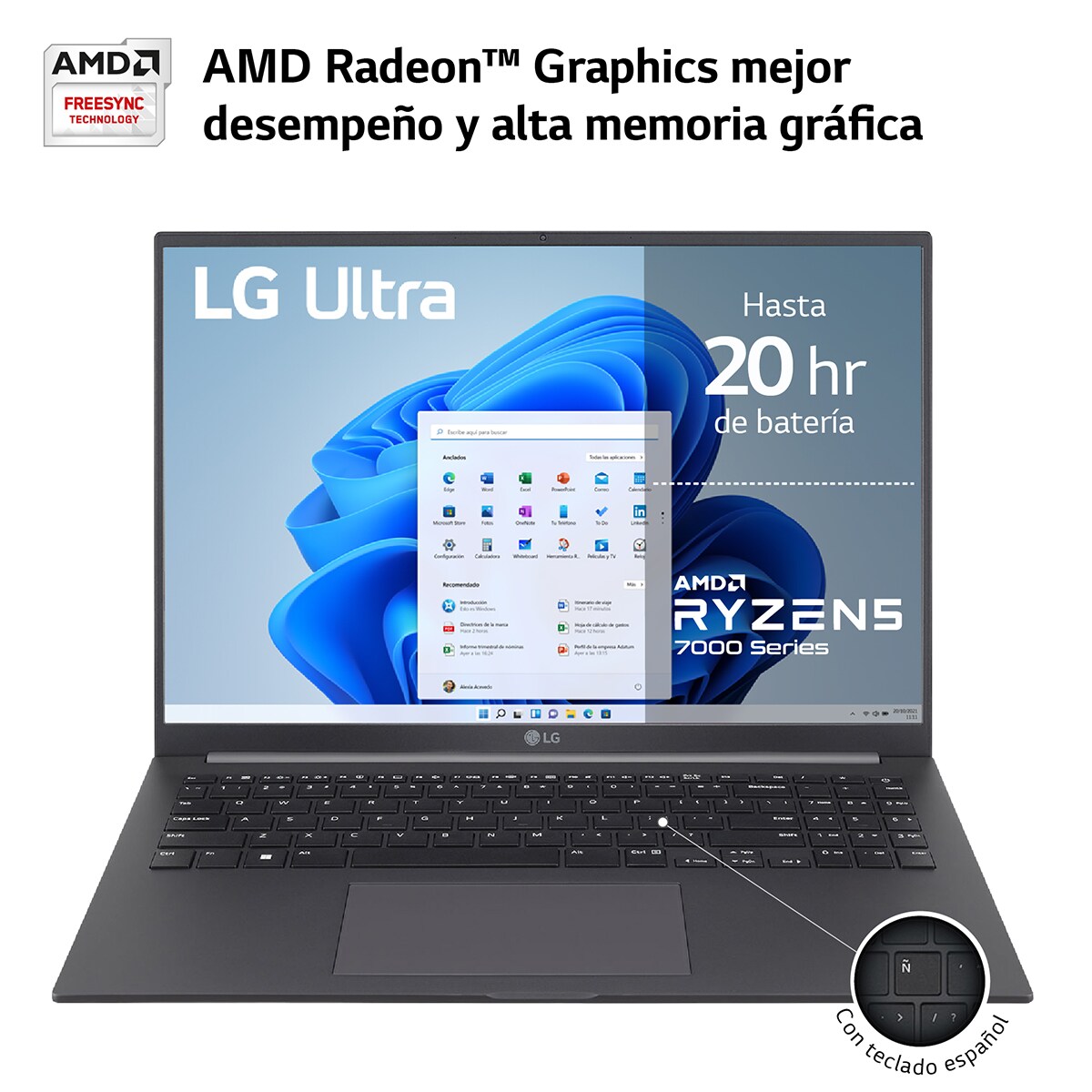 Portátil LG ULTRA 16U70R, Ryzen 5-7530U, 16GB, 512GB SSD, 16", W11 Gris carbón-4