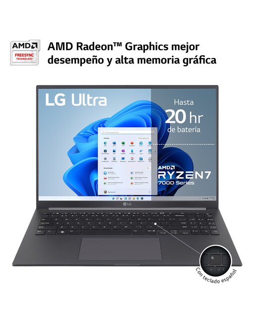 Portátil LG Ultra 16U70R, Ryzen 7-7730U, 16GB, 512GB SSD, 16", W11 - Gris carbón Gris carbón-4