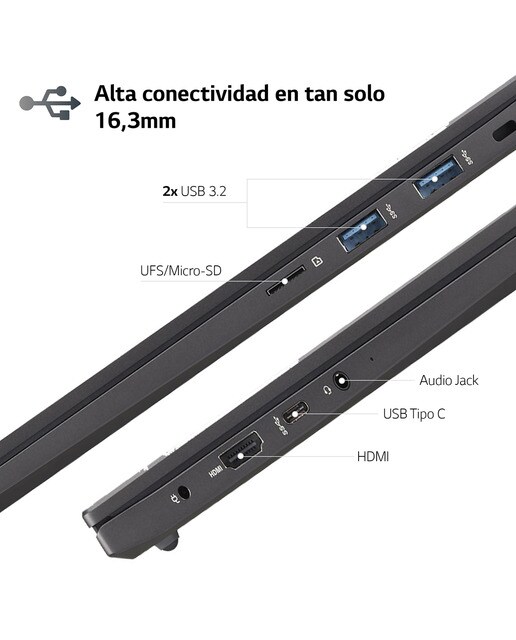 Portátil LG Ultra 16U70R, Ryzen 7-7730U, 16GB, 512GB SSD, 16", W11 - Gris carbón Gris carbón-5