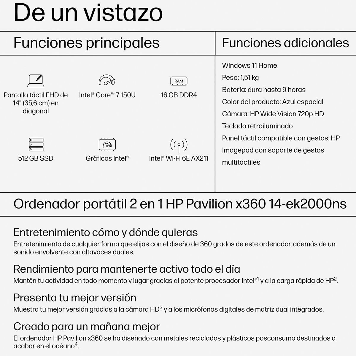 Convertible 2 en 1 HP Pavilion x360 14-ek2000ns, Intel Core 7-150U, 16GB, 512GB SSD, 14", W11 Azul-6