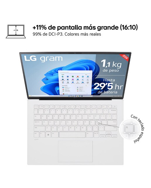 Portátil LG gram 14Z90S, Intel Core Ultra 7 155H, 16GB, 512GB SSD, 14", W11 - Blanco Blanco-2
