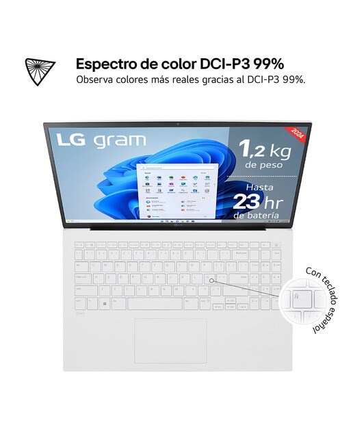 Portátil LG gram 15Z90S, Intel Core Ultra 7 155H, 16GB, 512GB SSD, 15,6", W11 - Blanco Blanco-2