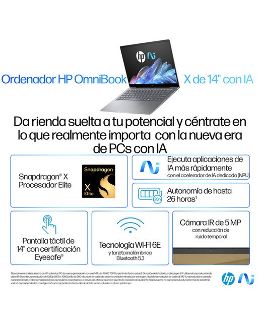 Portátil HP OmniBook X 14-fe0000ns Copilot+PC, Snapdragon X Elite X1E-78-100, 16GB, 1TB SSD, 14", W11 - Plata Plata-8