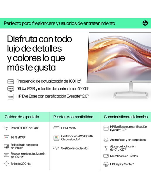 Monitor PC 60,4 cm (23,8") HP S5 524sf, 100 Hz FHD IPS antirreflectante y certificación Eyesafe Plata-6