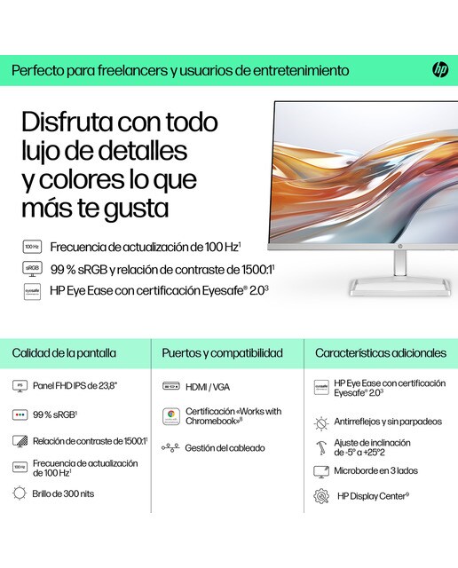 Monitor PC 60,4 cm (23,8") HP S5 524sw, 100 Hz FHD IPS antirreflectante y certificación Eyesafe Plata / Blanco-6