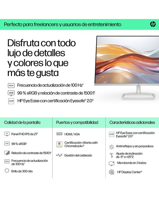 Monitor PC 68,6 cm (27") HP S5 527sf, 100 Hz FHD IPS antirreflectante y certificación Eyesafe Plata-6