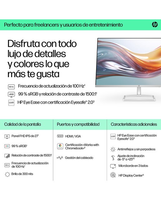 Monitor PC 68,6 cm (27") HP S5 527sw, 100 Hz FHD IPS antirreflectante y certificación Eyesafe Plata / Blanco-6