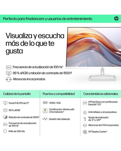 Monitor PC 68,6 cm (27") HP S5 527sa, 100 Hz FHD IPS antirreflectante  y certificación Eyesafe, con audio integrado Plata / Blanco-6