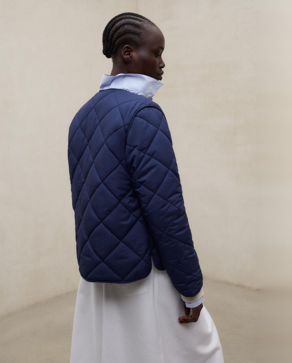 Sobretudo Acolchoado com Fecho de Botões e Bolsos Laterais Azul-marinho-2