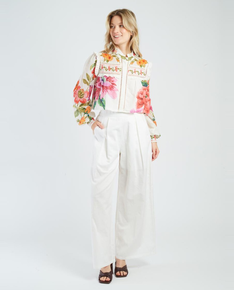 Blusa corta con mangas largas y cuello camisero. - Derhy - Crudo Crudo-2