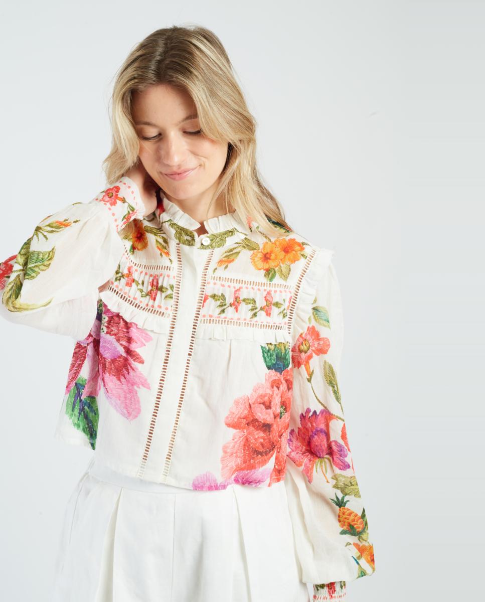 Blusa corta con mangas largas y cuello camisero. - Derhy - Crudo Crudo-4