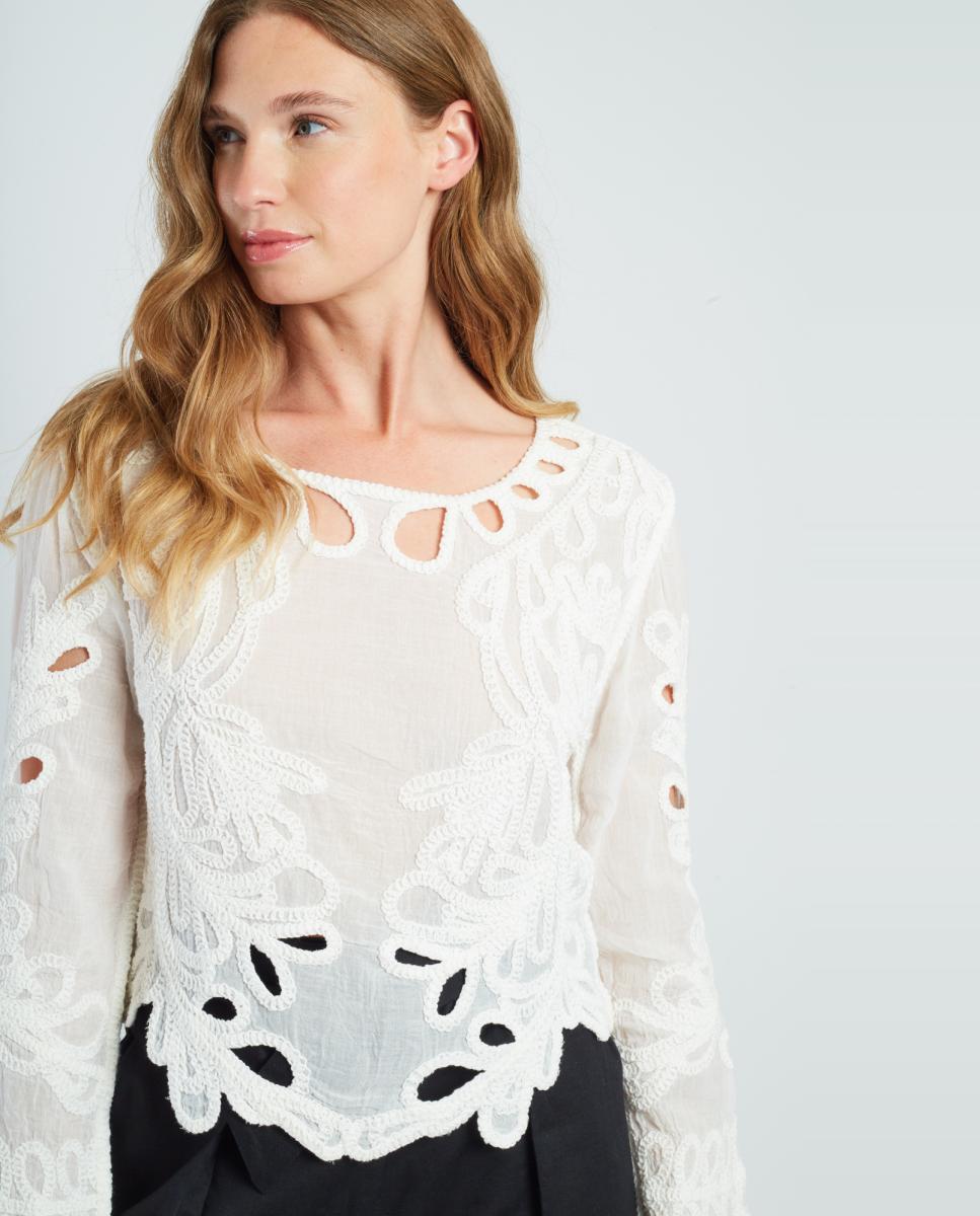 Blusa con cuello redondo y manga francesa. - Derhy - Blanco Blanco-2