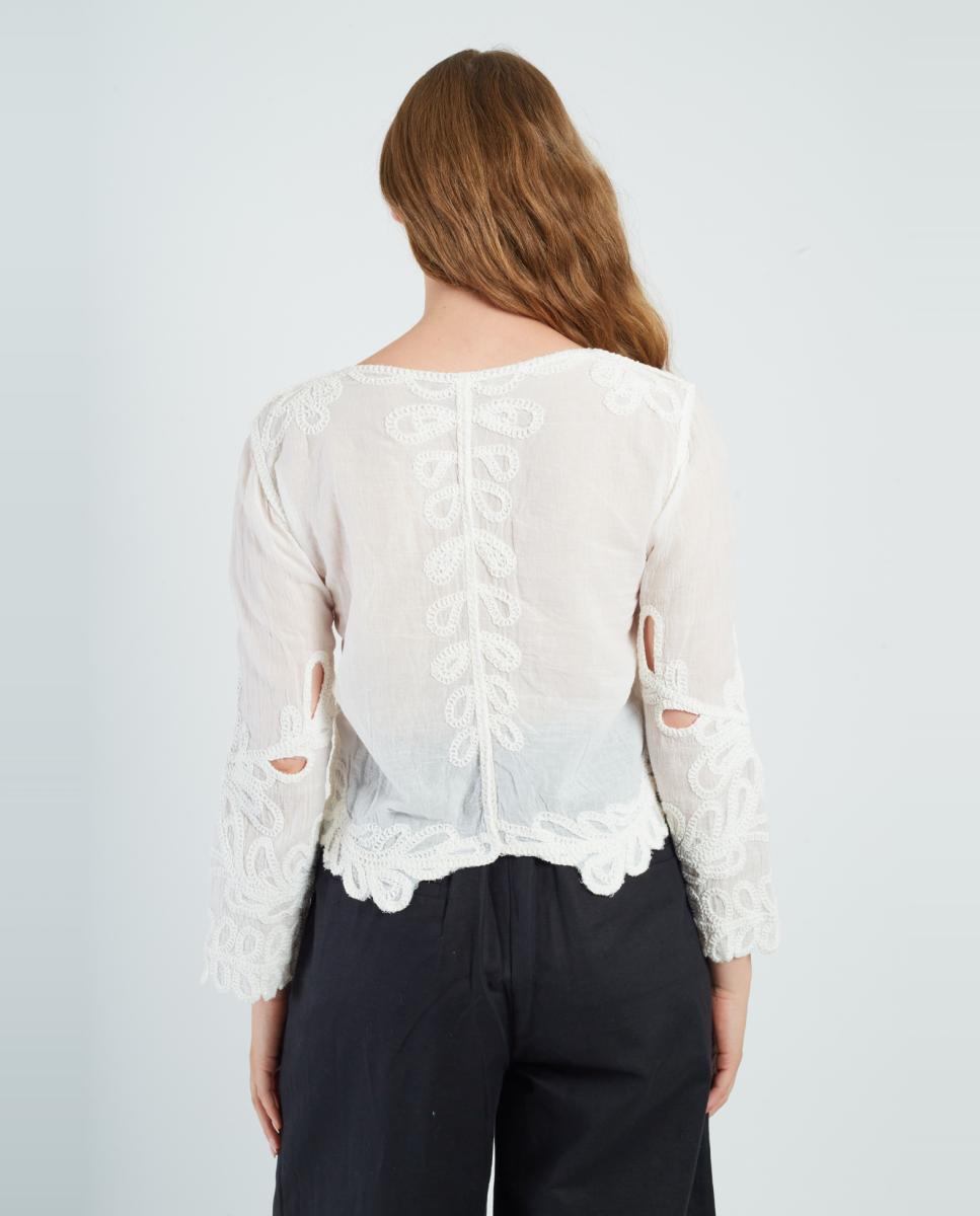 Blusa con cuello redondo y manga francesa. - Derhy - Blanco Blanco-3