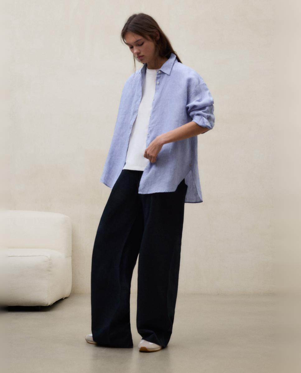 Camisa de Manga Comprida e às Riscas Azul-claro-3