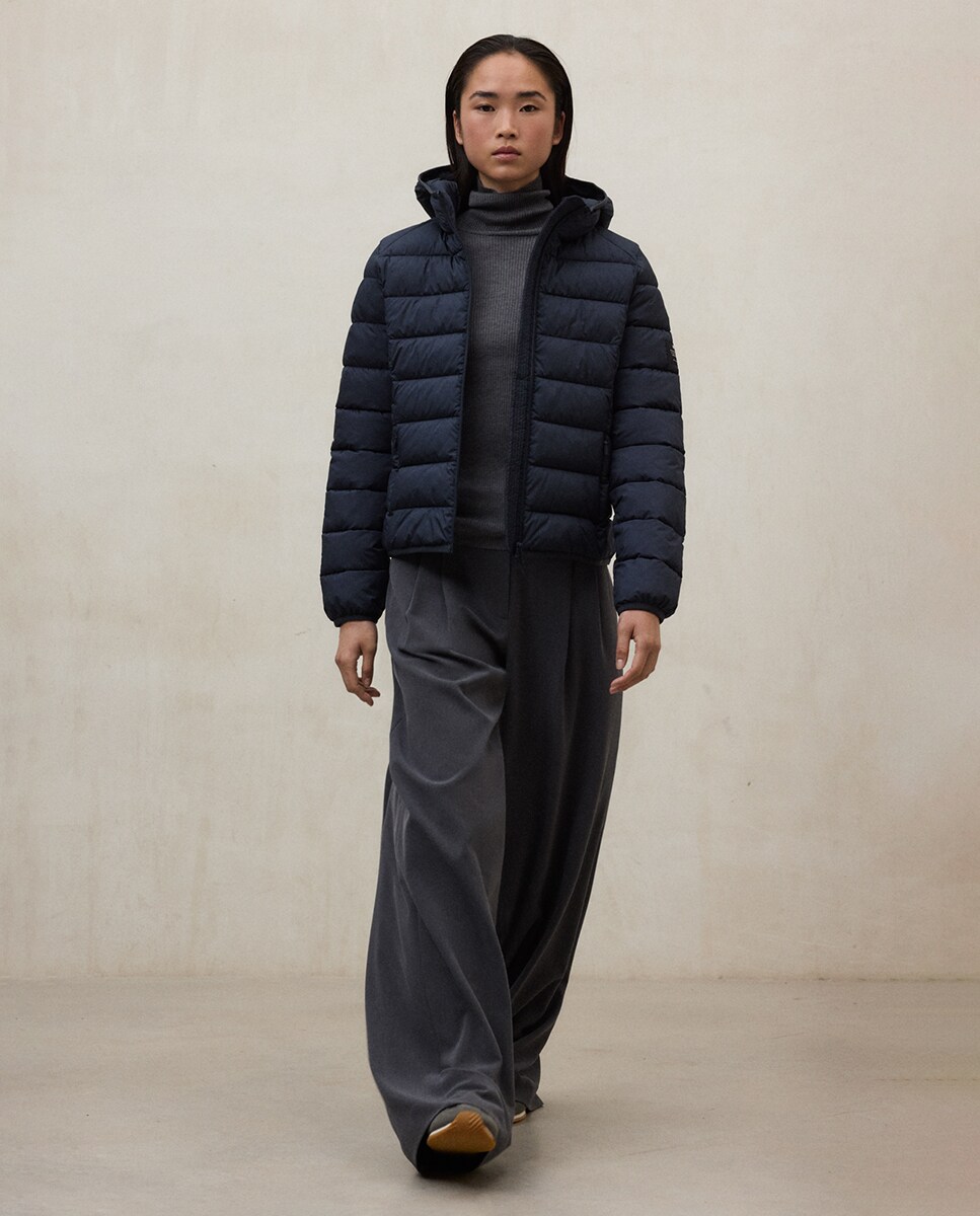 Casaco Acolchoado com Fecho de Correr, Capuz e Bolsos Laterais Azul-marinho-1