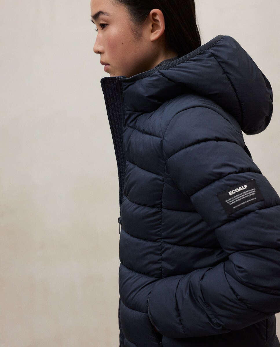 Casaco Acolchoado com Fecho de Correr, Capuz e Bolsos Laterais Azul-marinho-3