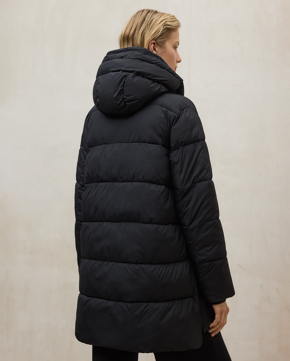 Sobretudo Acolchoado com Fecho de Correr, Capuz e Bolsos à Frente Preto-2