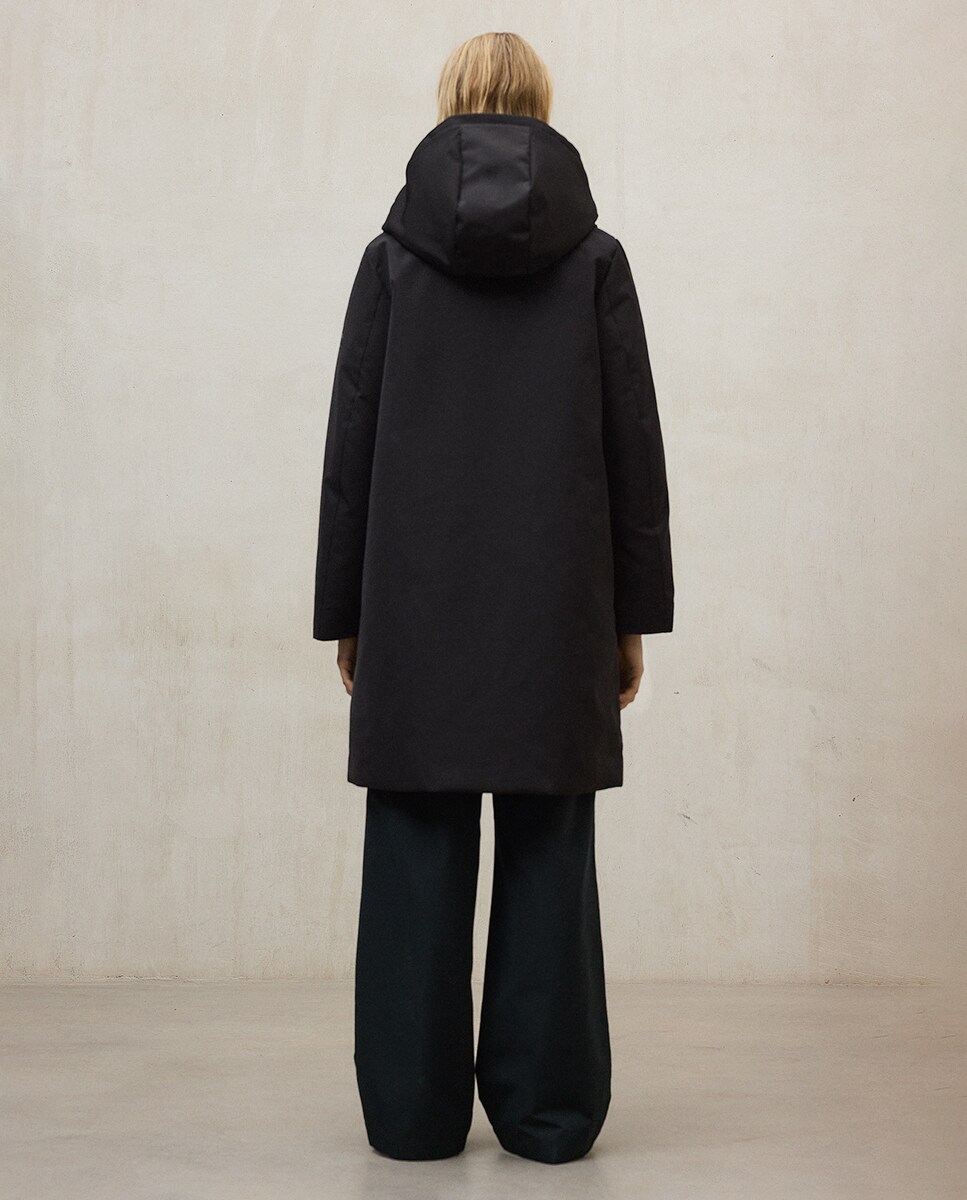 Sobretudo com Fecho de Botões, Capuz e Bolsos Laterais Preto-2